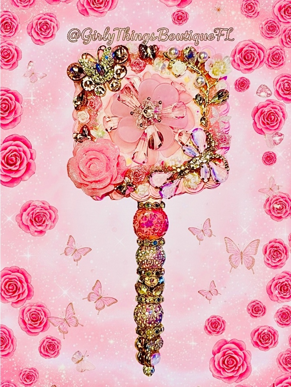 Embellished Pink Floral Hand Mirror - Decorative Women's Accessory